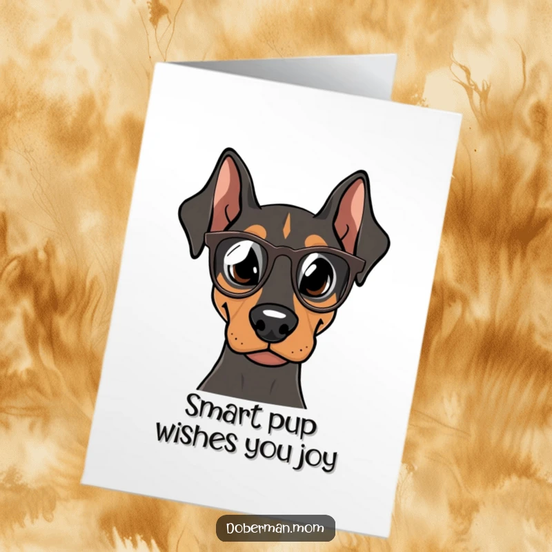 Funny Free Printable greeting card featuring a focused Doberman dog wearing tiny stylish spectacles, ready for a birthday.