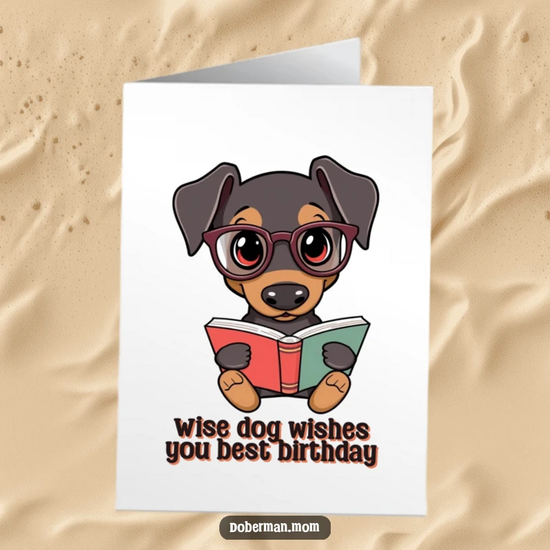 Funny Free Printable Doberman birthday card featuring a studious dog in tiny glasses holding a book.