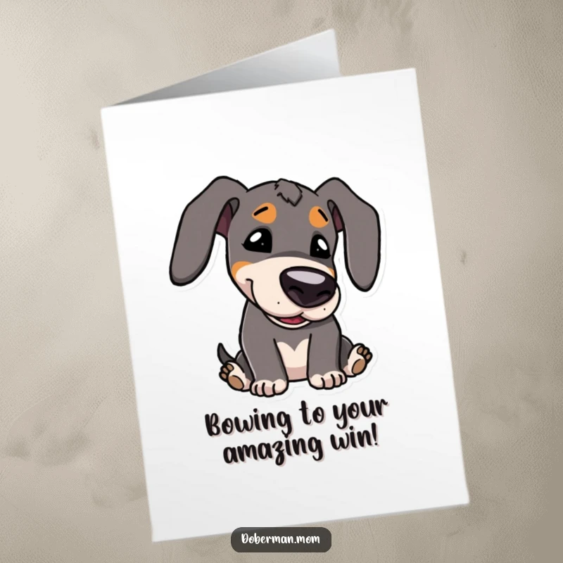 Funny Free Printable Congratulations Card: Kawaii Doberman character playfully bowing its head in a sweet congratulatory gesture.