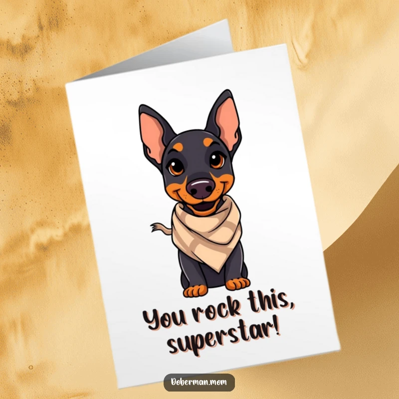 Funny Free Printable Congratulations Card: A Doberman with a smug smile and a chic scarf, celebrating success.
