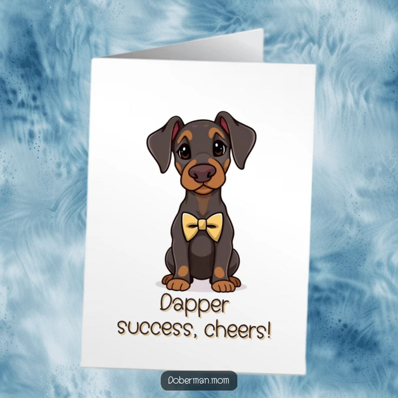 Funny Free Printable Congratulations Card: A proud Doberman sports a tiny, elegant bow tie, celebrating success with flair.