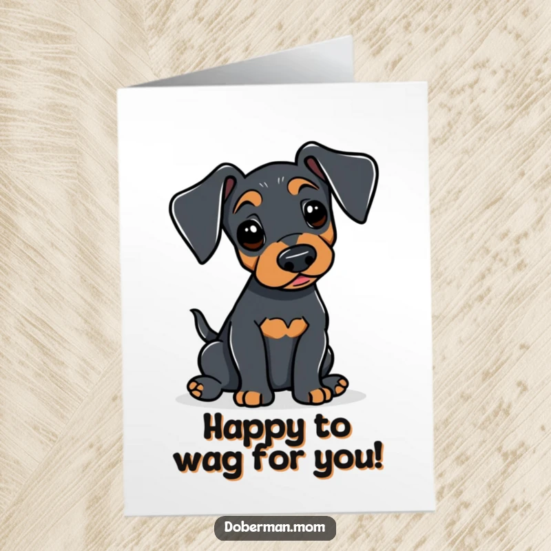 Funny Free Printable Congratulations Card showing a Doberman with alert ears gently wagging its tail, celebrating achievements with happiness.