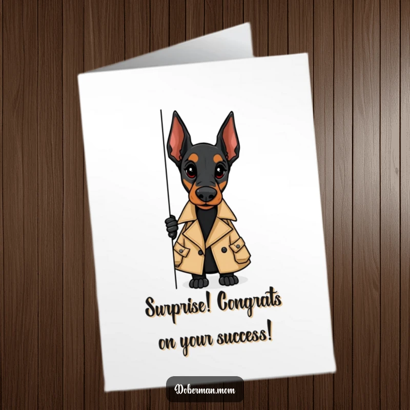 Funny Free Printable Congratulations Card with a stylish Doberman in a trench coat peeking around a corner, ideal for a printable success card.