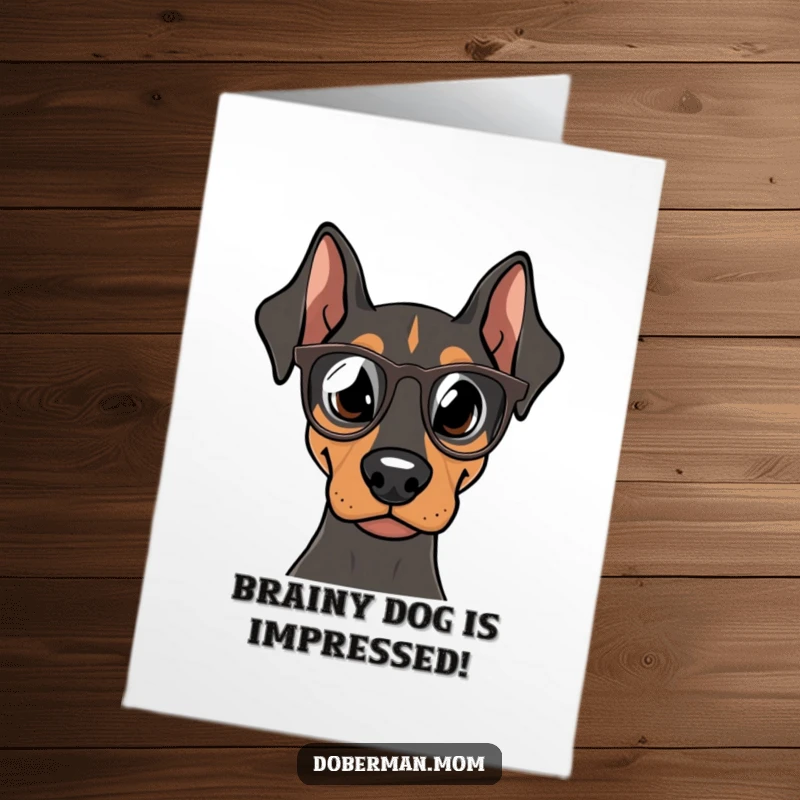 Funny Free Printable congratulations card showcasing a Doberman dog with stylish spectacles, looking intelligent and ready to celebrate.
