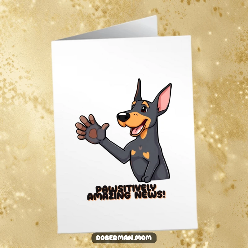 Funny Free Printable Congratulations Card showing a delighted Doberman dog offering a friendly paw shake, celebrating success with warmth.