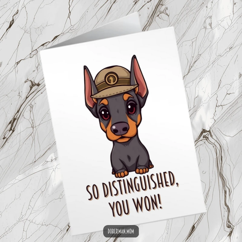 Funny Free Printable Dapper Doberman Congratulations Card: A Doberman wearing a distinguished hat looks dignified, congratulating a success.