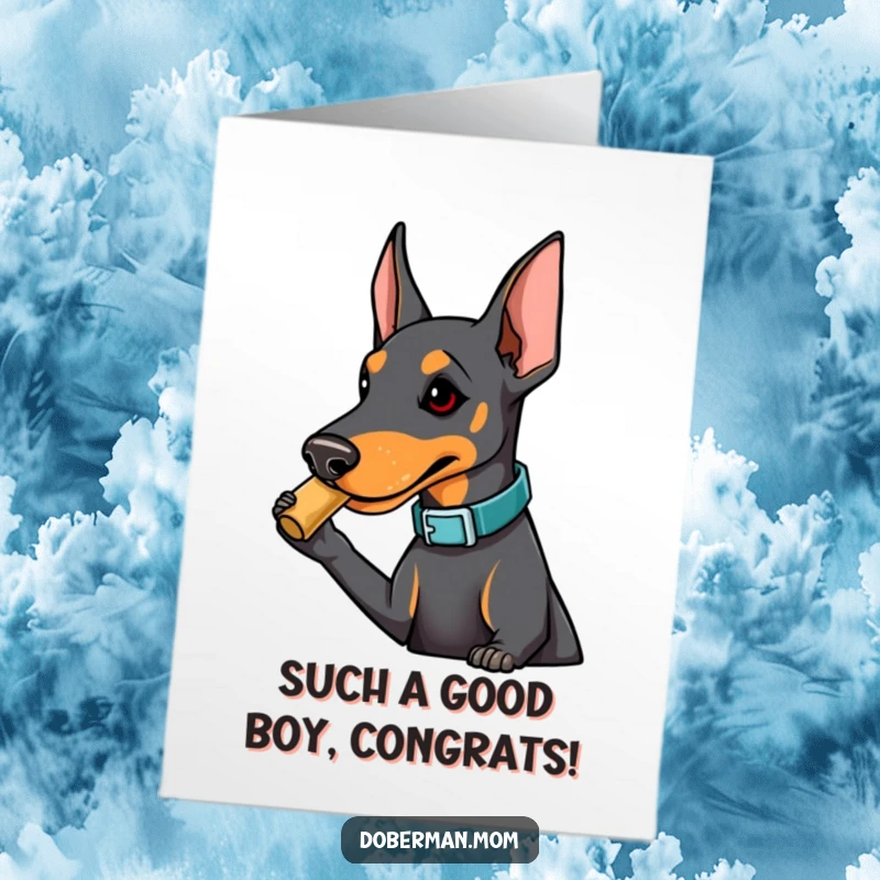 Funny Free Printable Congratulations Card featuring a Doberman with a fashionable collar, playfully nudging a treat to celebrate achievements.