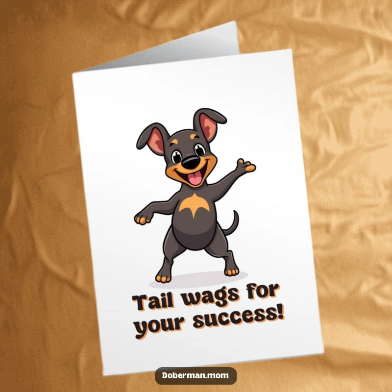 Funny Free Printable Congratulations Card: Cheerful Doberman doing a happy dance with a wagging tail, celebrating success.