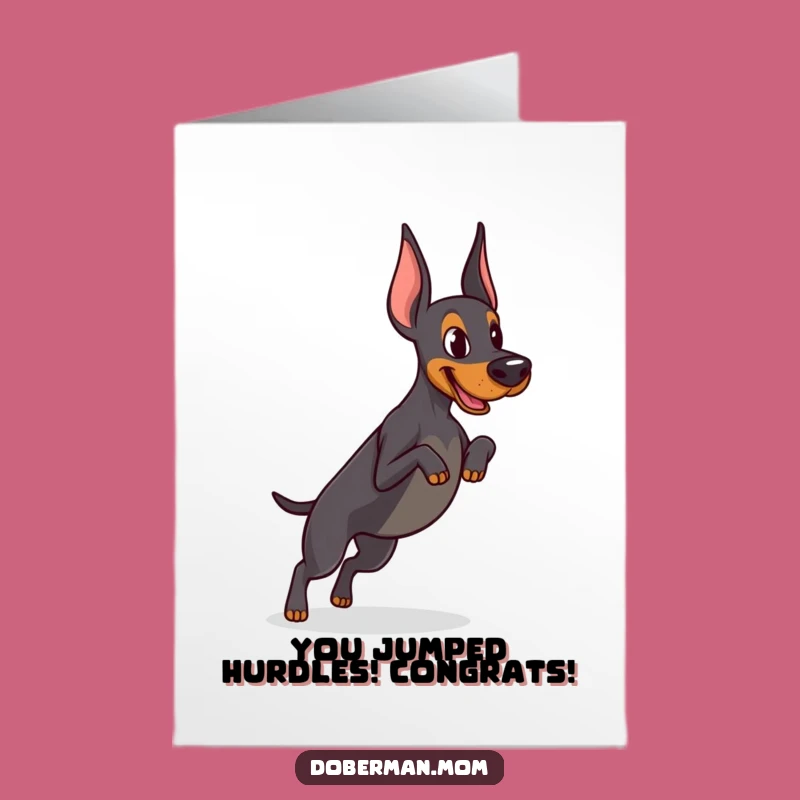 Free Printable Congrats Card: Determined Doberman Jump, Victory Celebration Downloadable