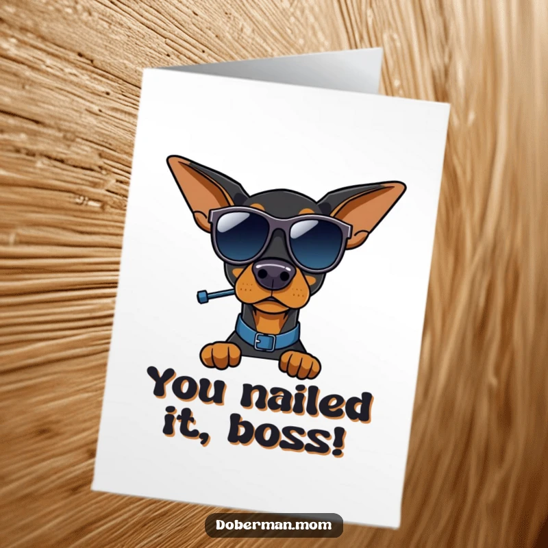 Funny Free Printable congratulations card: Doberman dog in sunglasses commanding attention with a whistle, celebrating success.