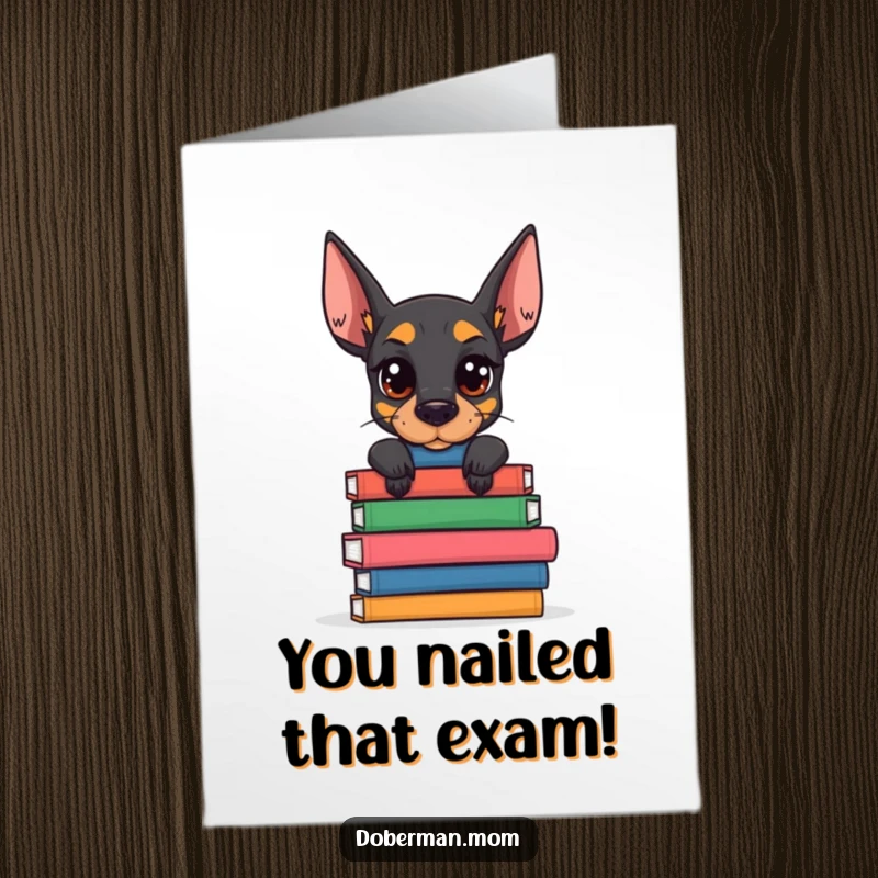 Funny Free Printable Congratulations Card: A Doberman with a determined look balances a stack of academic books.