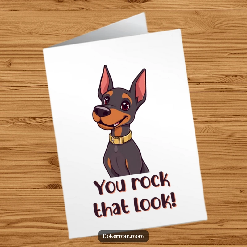 Funny Free Printable Congratulations Card: A happy Doberman in a sleek collar confidently poses, ready for celebration.