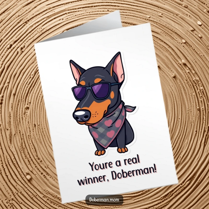 Funny Free Printable Congrats Card showing a sophisticated Doberman dog in a bandana, perfect for celebrating wins.