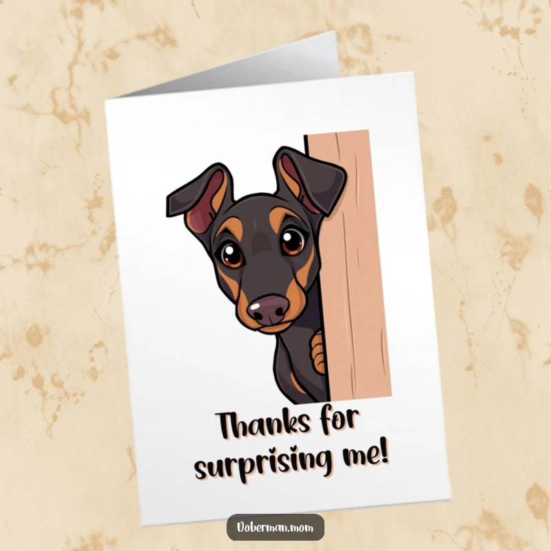 Charming free printable thank you card with a curious Doberman peeking out, expressing wonder and gratitude.
