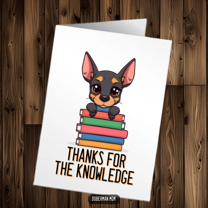 Funny Free Printable Thank You Card: A Doberman with intense focus balances a precarious stack of books.