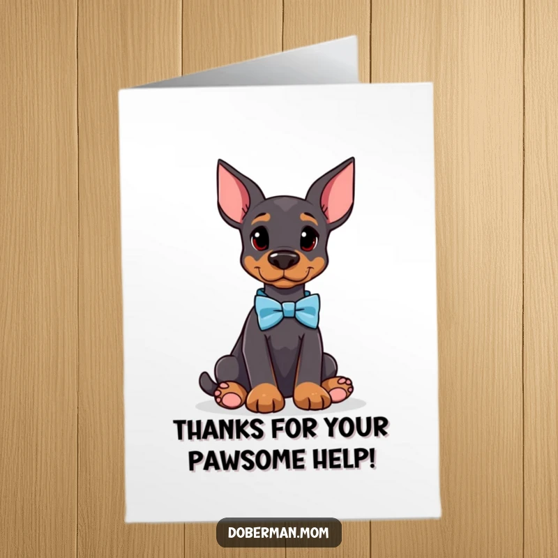 Funny Free Printable Thank You Card featuring a Doberman wearing a bow tie, sitting attentively to express thanks with style.