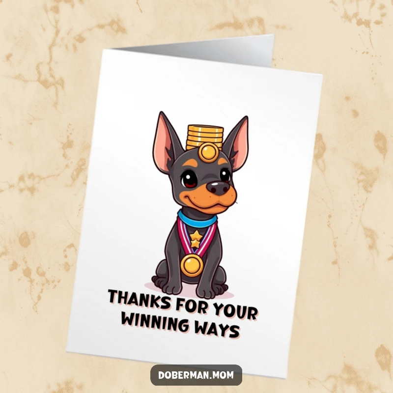 Funny Free Printable Thank You Card: Doberman expertly balances a comical stack of shiny medals on its head, looking accomplished.