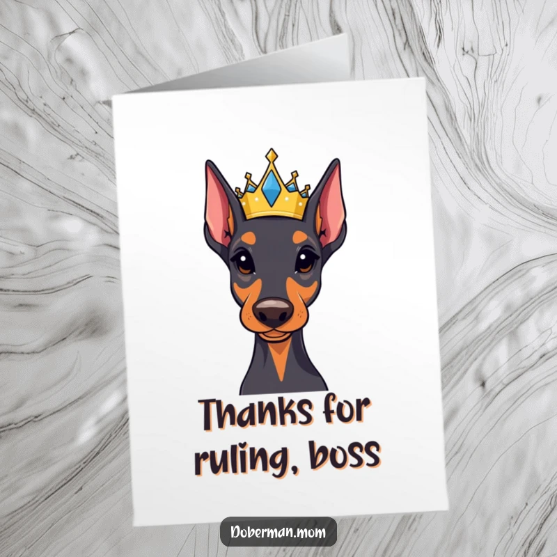 Funny Free Printable Thank You Card: Elegant Doberman wearing a small, dazzling jeweled crown, offering thanks.