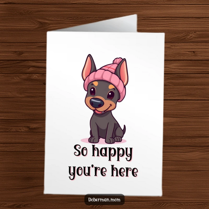 Funny Free Printable thank you card: A Doberman in a knitted hat waves happily, conveying heartfelt thanks.