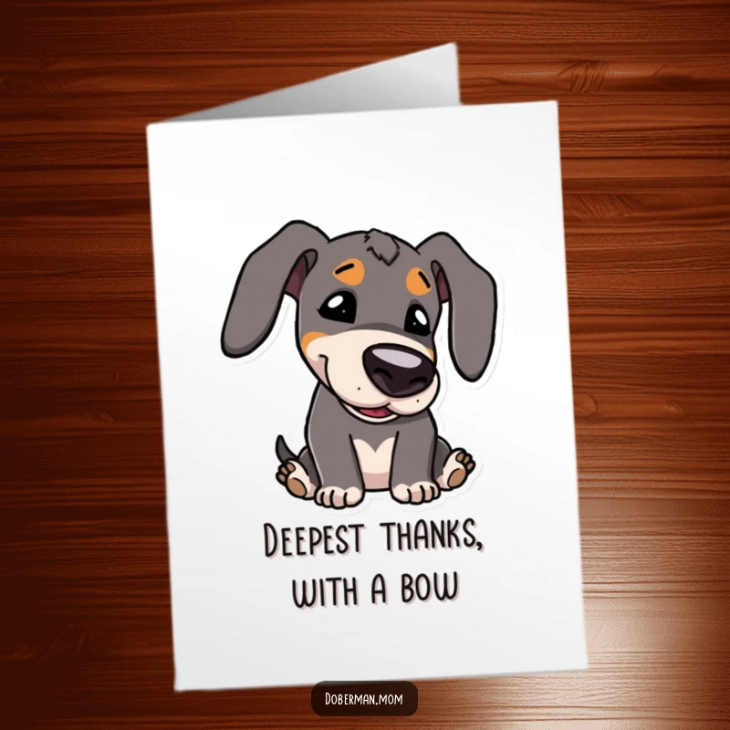 Funny Free Printable Thank You Card: Kawaii Doberman character playfully bowing its head in a cute thank you gesture.