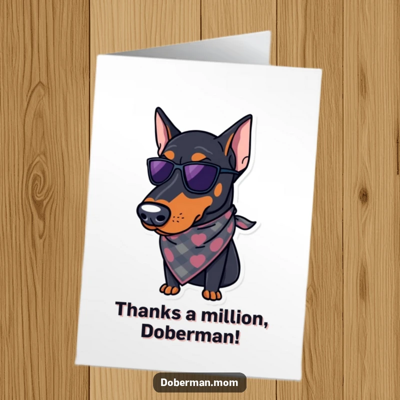 Funny Free Printable Thank You Card featuring a regal Doberman dog wearing a stylish bandana, expressing thanks.