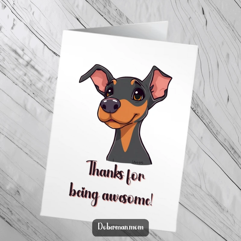 Funny Free Printable Doberman Thank You Card: Curious dog head tilt, ideal for a humorous downloadable thank you.