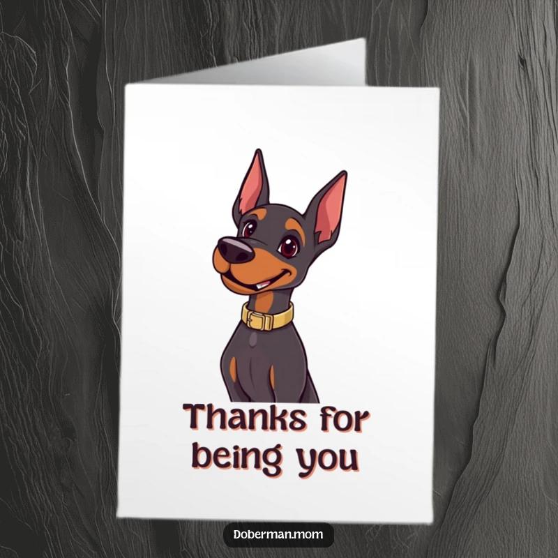 Funny Free Printable Thank You Card: A happy Doberman wearing a sleek collar performs a confident, eye-catching pose.
