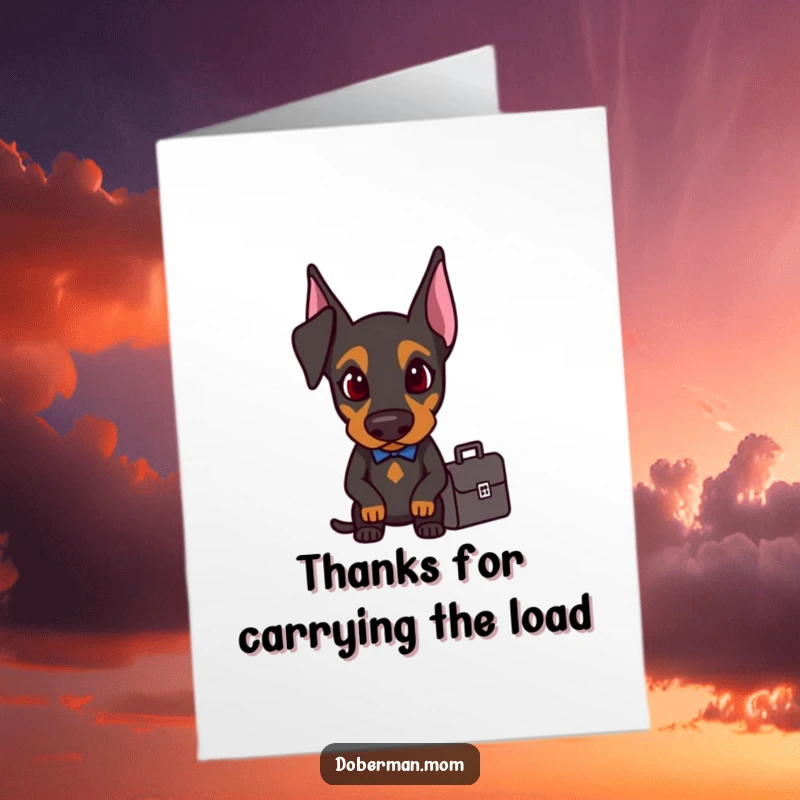Funny Free Printable Thank You Card: Doberman holding a briefcase, looking determined to express thanks.