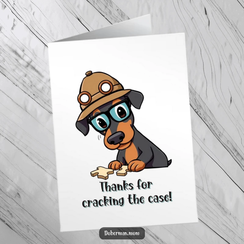 Funny Free Printable Thank You Card: Doberman detective pondering, offering thanks with a witty, intelligent canine expression.
