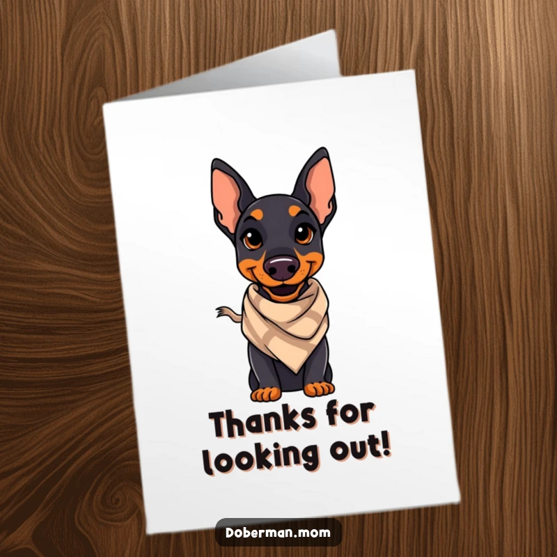 Funny Free Printable Thank You Card: A Doberman wearing a stylish scarf, smiling confidently, expressing thanks.