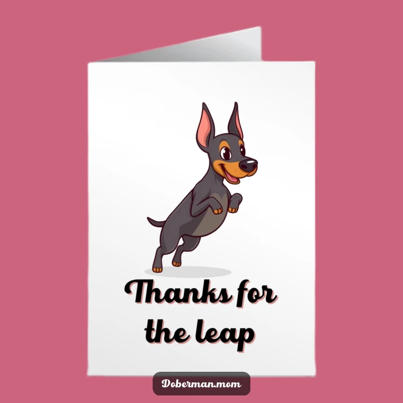 Free Printable Thank You Card: Determined Doberman Jump, Energetic Gratitude Downloadable