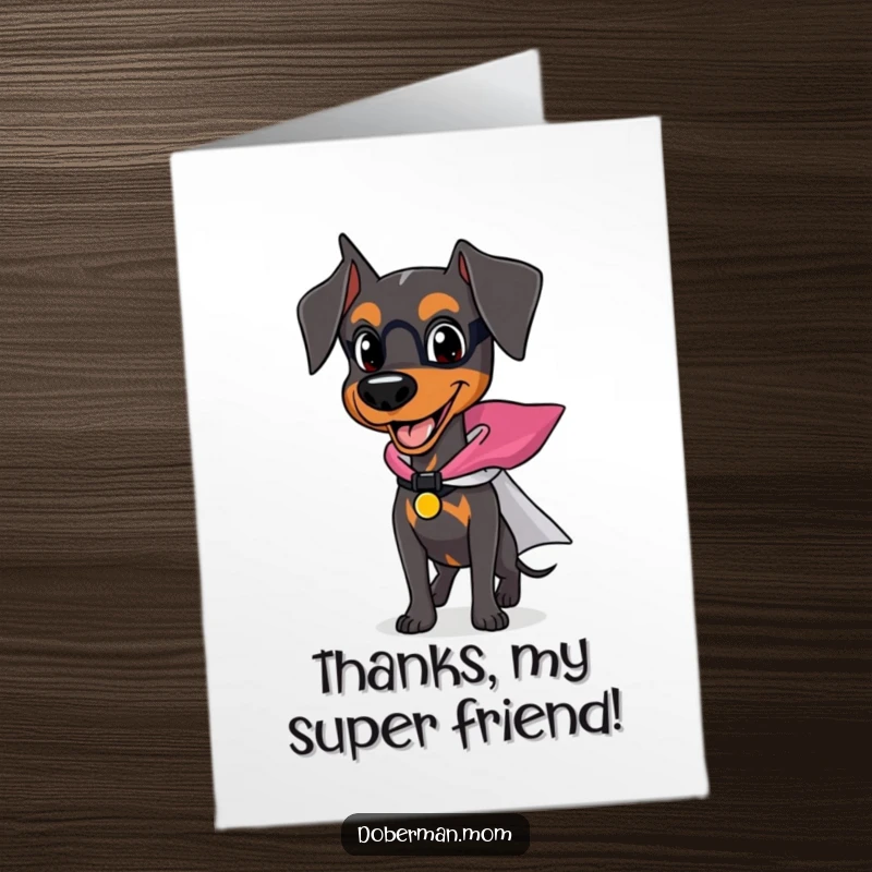 Funny Free Printable Thank You Card featuring a happy Doberman dog wearing a superhero cape, ready to express heroic thanks.