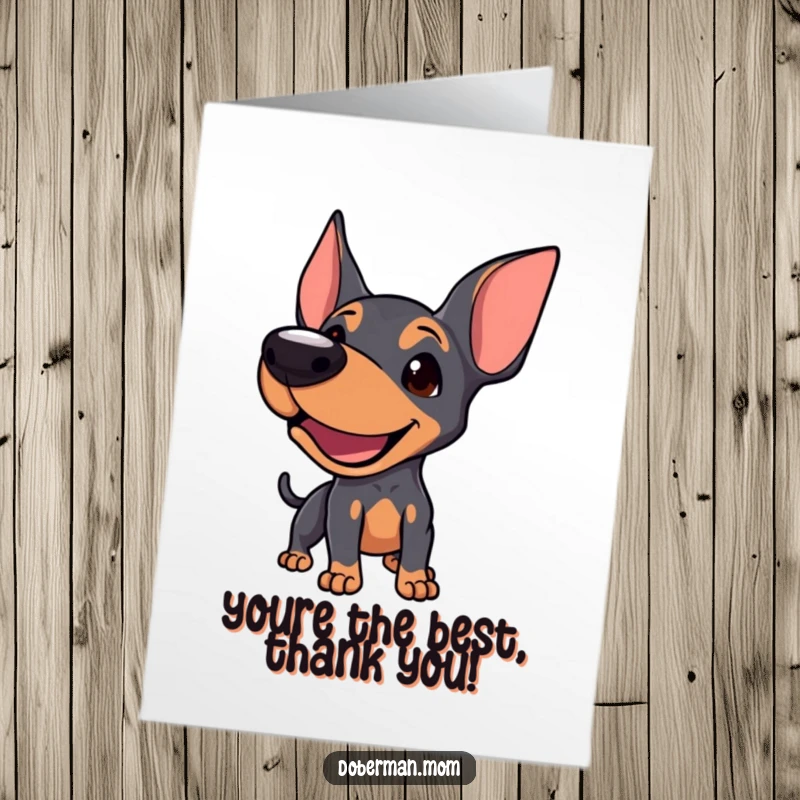 Funny Free Printable Doberman Thank You Card: Playful dog barking, invites interaction, great for downloadable thank you.