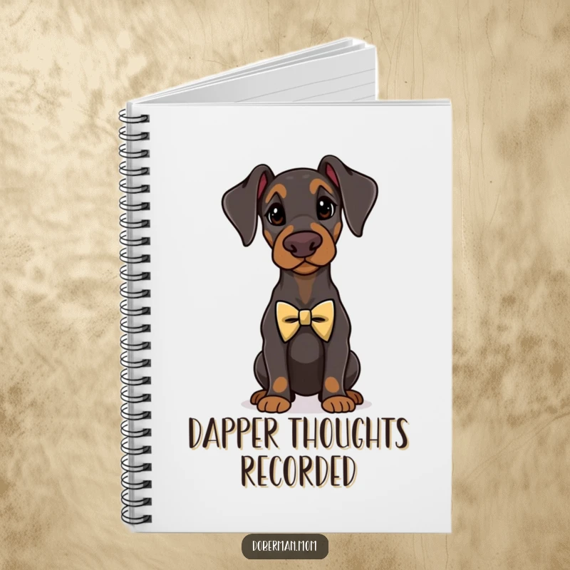 Funny Doberman standing proudly wearing a tiny, elegant bow tie, featured on a notebook cover.