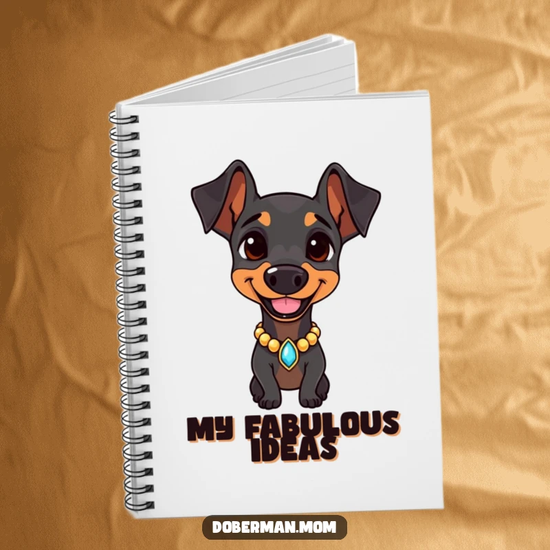 Doberman with a jeweled collar, smiling confidently on a notebook, encouraging bold thoughts and organized planning.
