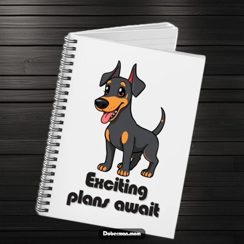 Funny Doberman notebook, cover shows a friendly dog wagging its tail eagerly, humorous and inspiring for jotting down ideas.