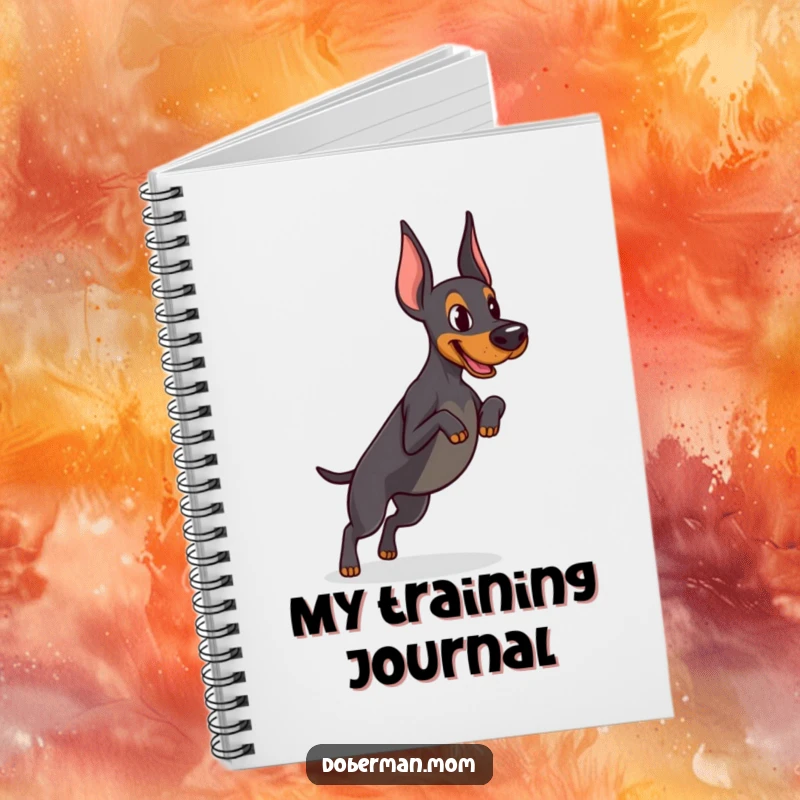 Funny Determined Doberman notebook featuring focused practice of a tiny jump, perfect for journaling training plans with athletic humor.