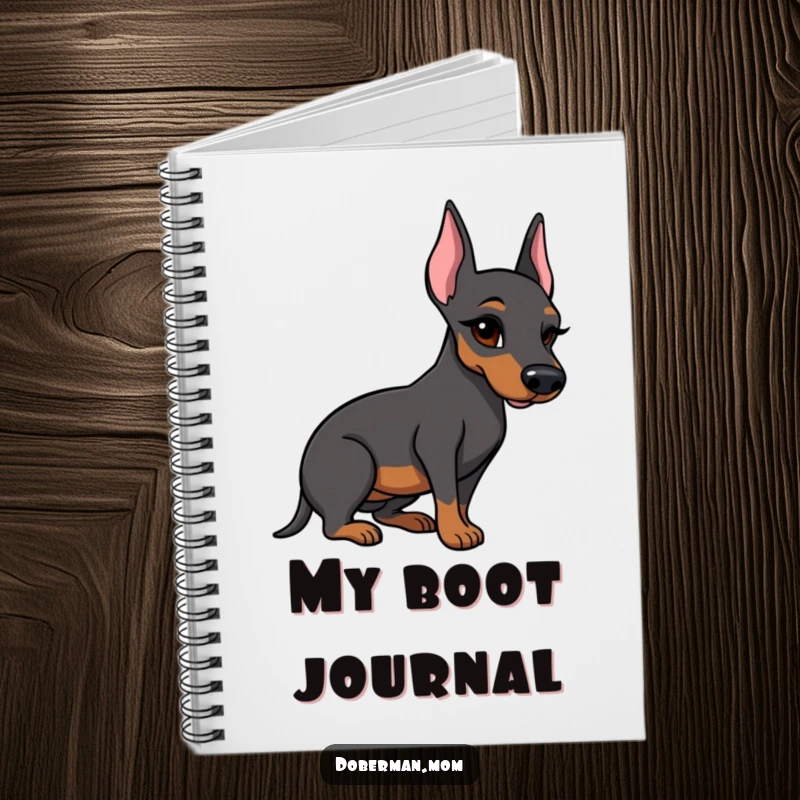 Funny Doberman notebook with a winking dog presenting a polished boot on its cover, perfect for journaling.