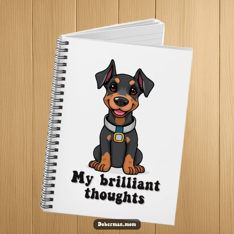 Doberman with a polished collar smiling confidently, shown on the cover of a funny notebook.