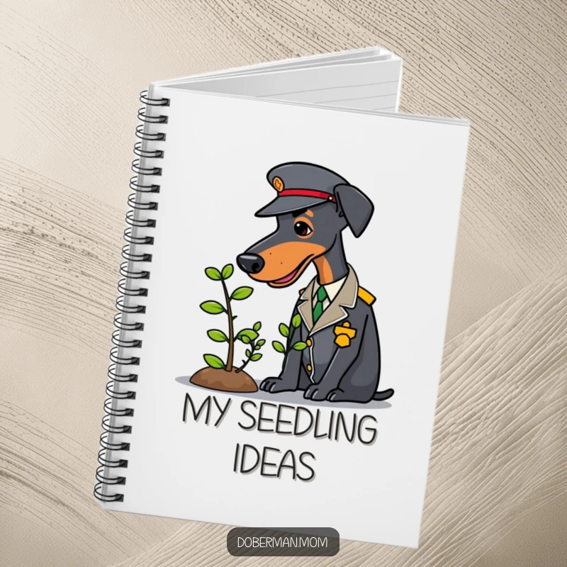 Uniformed Doberman carefully tending a small sapling, shown on the cover of a funny notebook.