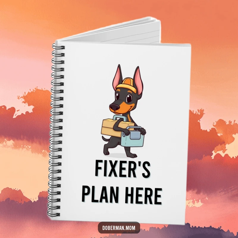 Funny Doberman toolbox notebook with a dog carrying a small toolbox, ready for a task, perfect for planning and notes.