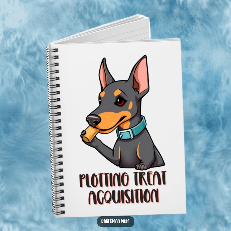 Funny Doberman notebook with a dog in a fashionable collar playfully nudging a treat, perfect for jotting down notes with cute mischief.