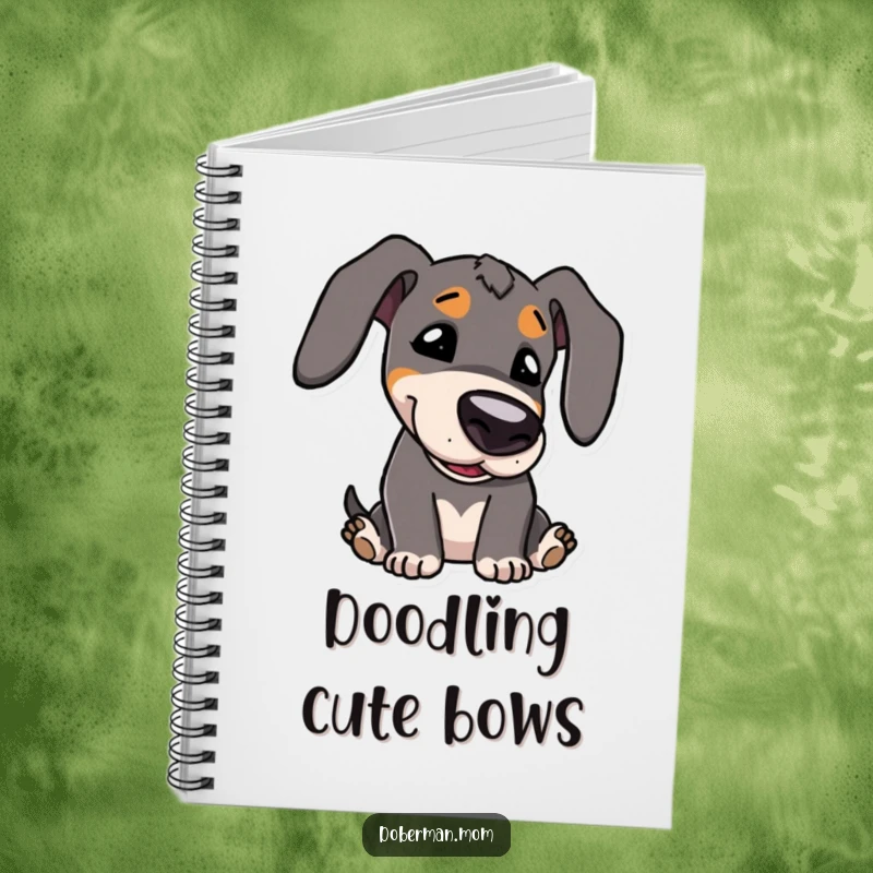 Funny Notebook: Kawaii Doberman character with expressive eyes, playfully bowing its head, perfect for jotting down sweet ideas.