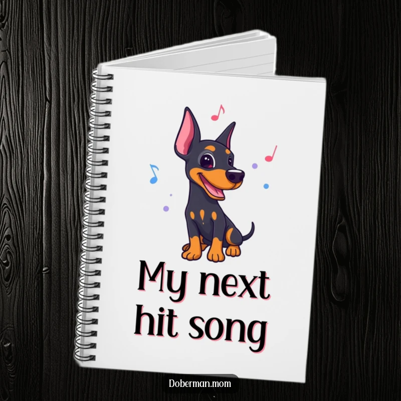 Funny notebook cover art of a Doberman dancing to a lively rhythm with musical notes, for jotting ideas.