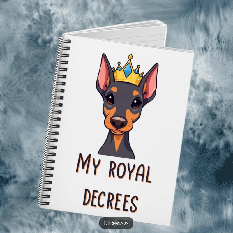 Funny Regal Doberman notebook featuring a small, jeweled crown, perfect for journaling notes with majestic humor and regal sophistication.