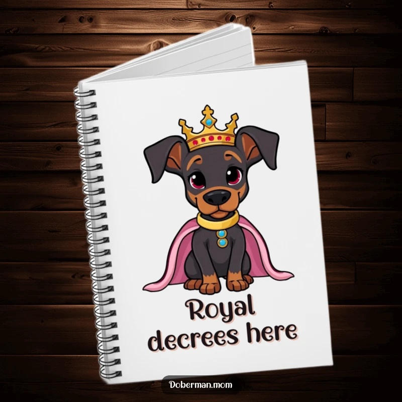 Funny notebook cover art of a regal Doberman wearing a crown, posing confidently for jotting ideas.