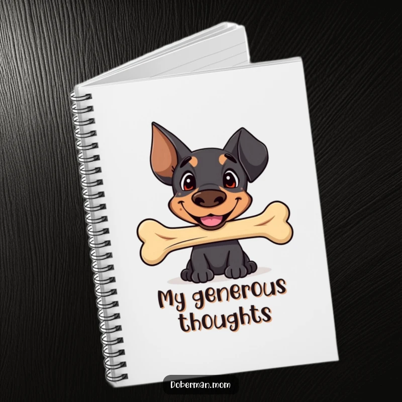 Funny Sweet Doberman notebook with a happy smile, offering a well-worn bone, perfect for journaling with adorable charm and humor.