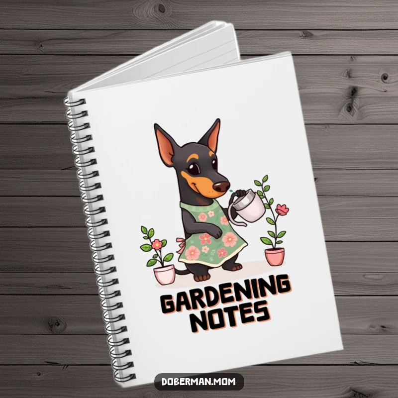 Funny Doberman Gardener Notebook showing a Doberman dog in a floral apron, watering a small plant while taking notes.
