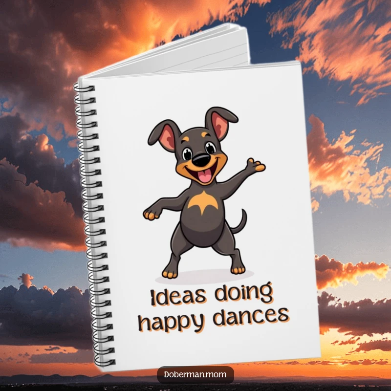 Funny Notebook: Cheerful Doberman character dancing with a wagging tail, perfect for jotting down happy ideas.