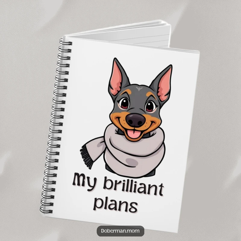 Funny Doberman notebook featuring an elegant dog in a stylish scarf, perfect for jotting down notes with humor.